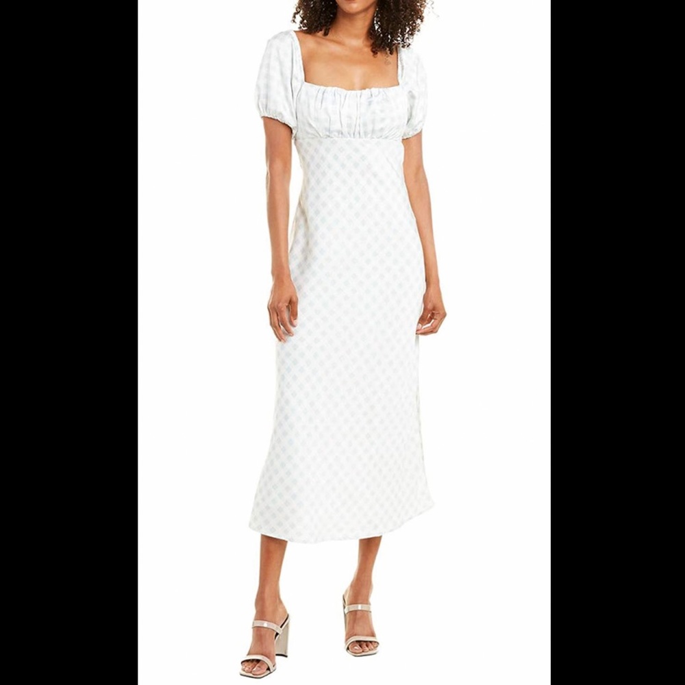 WAYF baby blue/white gingham midi satin dress with statement short sleeve